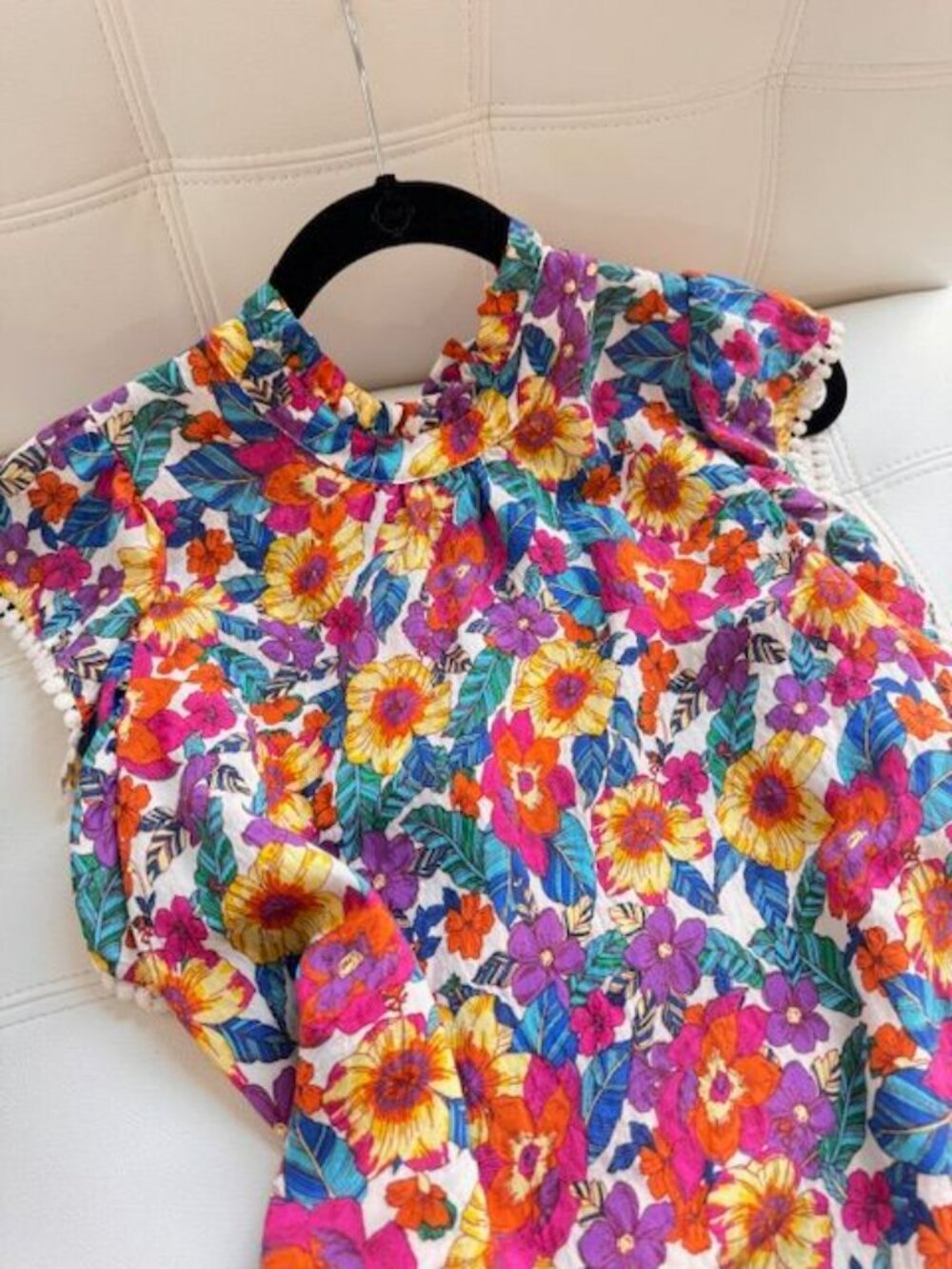THML Floral Flutter Sleeve Button Back Top with Ruffle Trim, Small - Picture 3 of 5